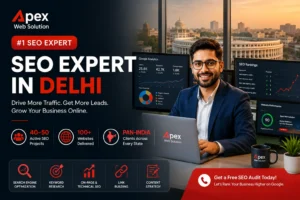 SEO Expert in Delhi working on Google Analytics, keyword rankings, and digital marketing strategy at Apex Web Solution office